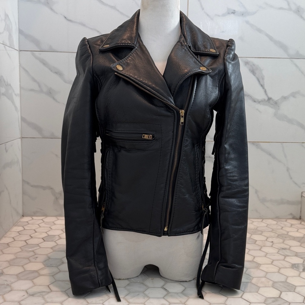 California Creation Harley Davidson Black Leather Fringe Motorcycle Jacket XS
